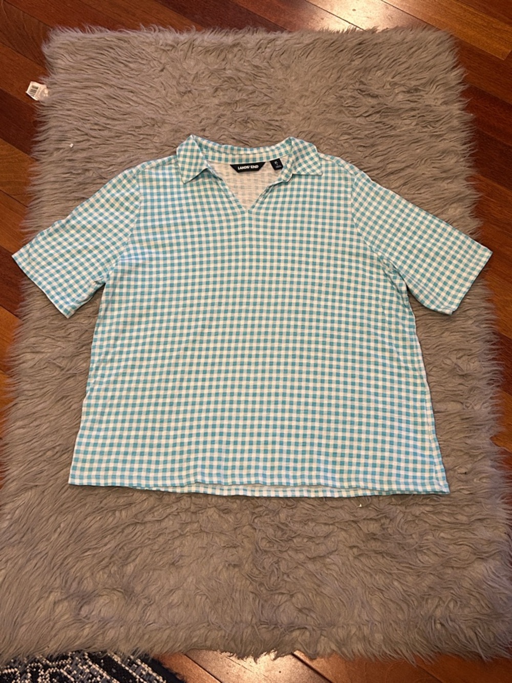 Lands' End Aqua and White Gingham Polo Shirt